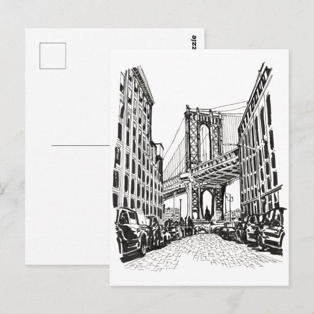 Carte Postale Brooklyn Bridge New York Black White Illustration (Devant / Derrière)
