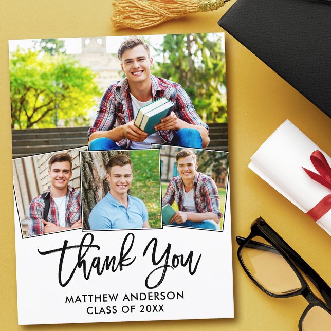 Carte Postale Brosse moderne Script 4 Photo Graduation Merci (Customize to change your personalized text size or text style.)