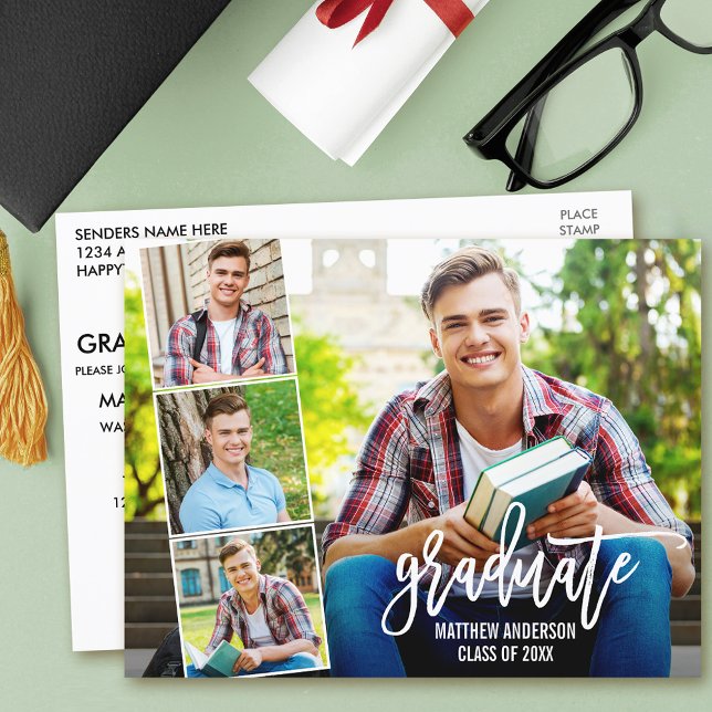 Carte Postale Brosse moderne Script 4 Photo Graduation Party (Customize with your photos and text.)