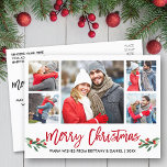 Carte Postale Brosse moderne Script rouge 5 Photo Joyeux Noël<br><div class="desc">Brosse moderne Script 5 Photo Couple Photo Collage Joyeux Noël Carte postale inclut Aquarelle Noël Fruits de Noël - Script rouge</div>