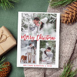 Carte Postale Brosse rouge moderne Script Joyeux Noël Photo<br><div class="desc">Brosse rouge moderne Script Joyeux Noël Photo Carte postale</div>