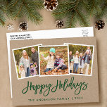 Carte Postale Brosse Script 3 Photo Famille Vacances Kraft<br><div class="desc">Brosse verte moderne Script 3 Photo Famille Joyeux Vacances Kraft Carte postale</div>