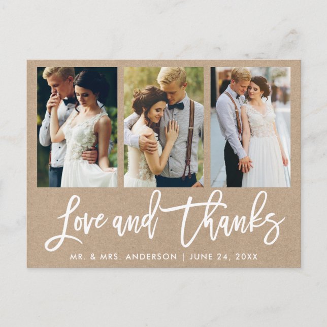 Carte Postale Brosse Script 3 Photo Mariage Amour Merci Kraft (Devant)