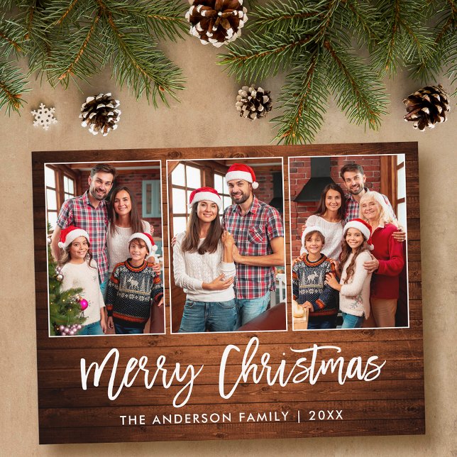 Carte Postale Brosse Script Bois rustique 3 Photo Noël (Customize to change your personalized text size or text style.)