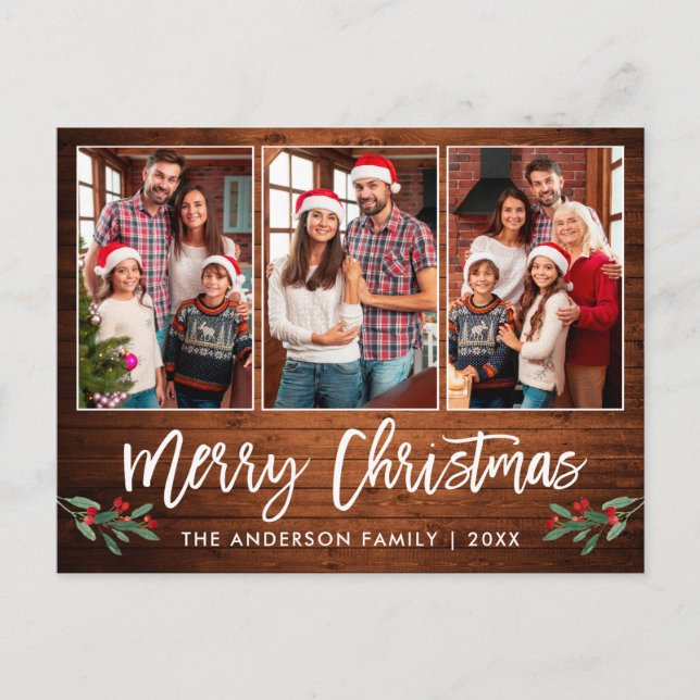 Carte Postale Brosse Script Bois vert 3 Photo Noël (Devant)