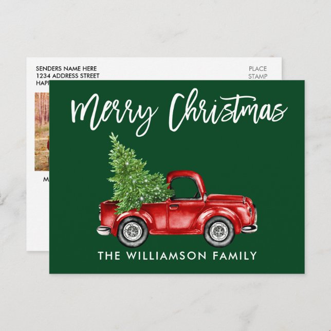 Carte Postale Brosse Script Camion Noël PHOTO RETOUR Vert (Devant / Derrière)