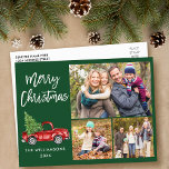 Carte Postale Brosse Script Camion Vintage 3 Photo Noël Vert<br><div class="desc">Brosse verte moderne Script Watercolor Camion rouge Vintage avec arbre de Noël - Joyeux Noël Famille 3 Photo Carte postale verte</div>