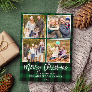 Carte Postale Brosse Script Green Plaid Family 4 Photo Noël