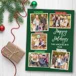 Carte Postale Brosse Script Joyeux Vacances Bande verte<br><div class="desc">Brosse moderne Script Happy Holidays 5 Photo Collage avec carte postale Vacances sur bande artisanale. Arrière - plan vert forestier.</div>