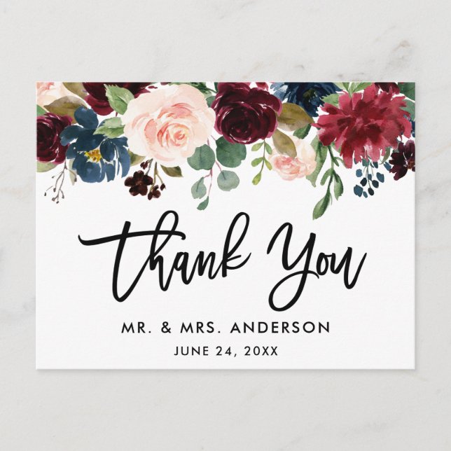 Carte Postale Brosse Script Mariage Floral Bordeaux Bleu Remerci (Devant)