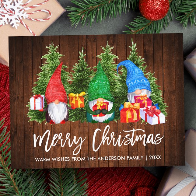 Carte Postale Brosse Script Noël Bois Aquarelle Gnomes (Customize to change your personalized text size or text style.)