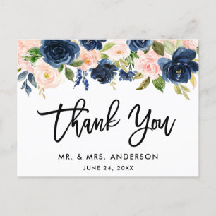 Carte Postale Brosse Script Rose Bleu Floral Mariage Merci