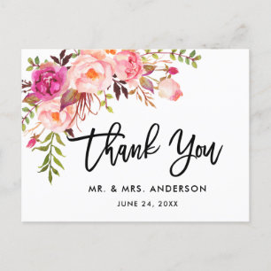 Carte Postale Brosse Script Rose Floral Mariage Remerciement