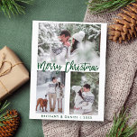 Carte Postale Brosse verte moderne Script Joyeux Noël Photo<br><div class="desc">Brosse verte moderne Script Joyeux Noël Photo Carte postale</div>