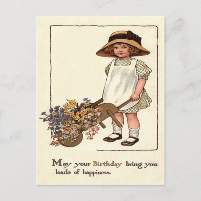 Carte Postale Brouette de fleurs de petite fille mignonne (Devant)