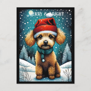 Carte Postale Brown Poodle Snowy Meadow Père Noël Puppy Holiday