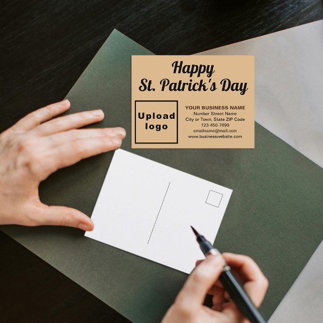 Carte postale Brown St Patrick Business Holiday (Business brand with St. Patrick greeting on light brown holiday postcard)
