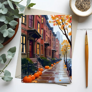 Carte Postale Brownstones d'automne à Boston Gouache de citrouil