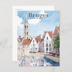 Carte Postale Bruges Belgique Aquarelle Peinture Voyage