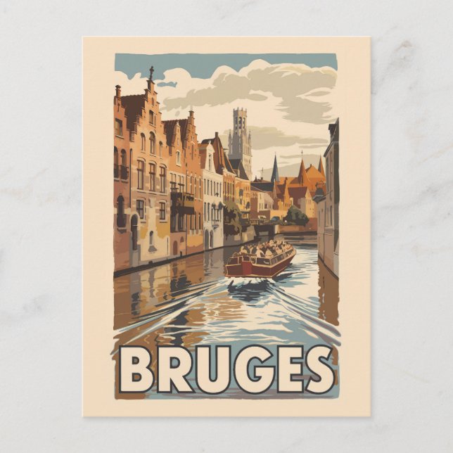 Carte Postale Bruges Belgique Illustration Art de Voyage Vintage (Devant)