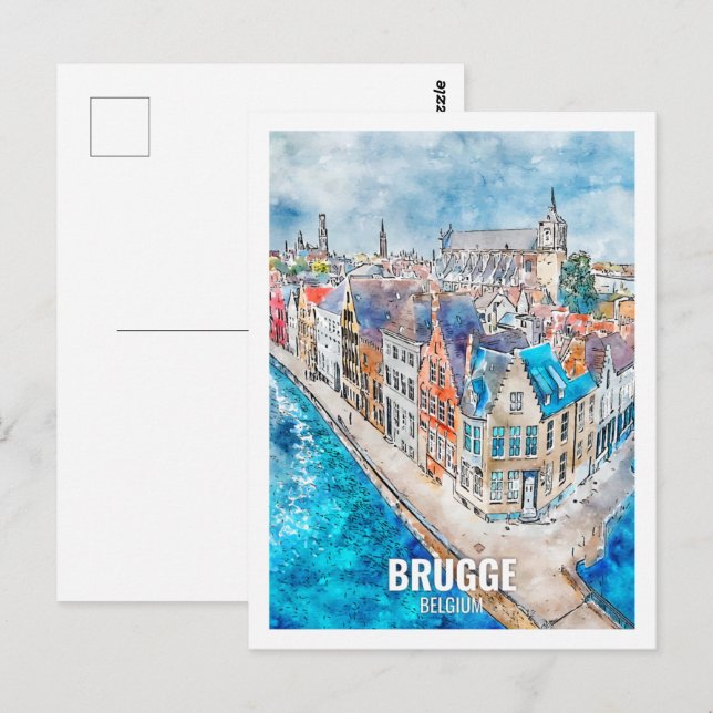 Carte Postale Bruges Belgique Lieu de Voyage Aquarelle (Devant / Derrière)