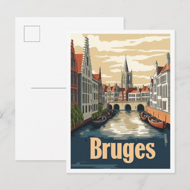 Carte Postale Bruges Belgique Vintage voyage d'art Illustration (Devant / Derrière)