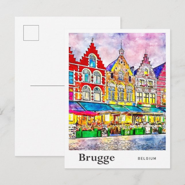 Carte Postale Brugge Belgique Voyage Aquarelle main tirée (Devant / Derrière)