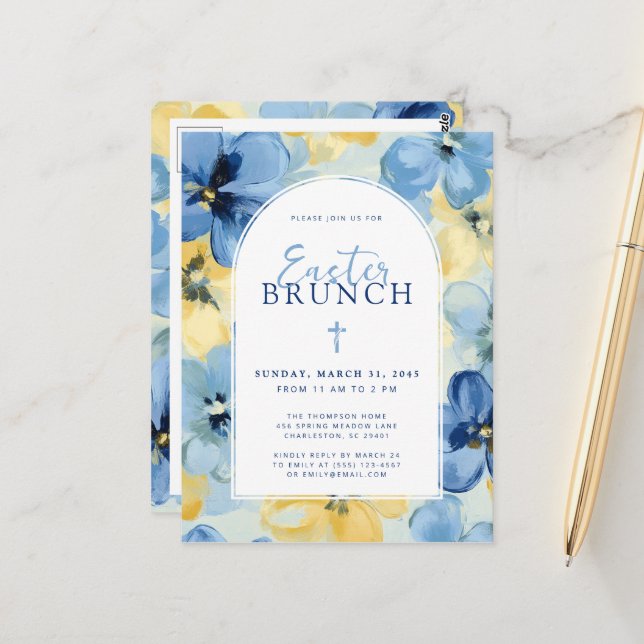 Carte Postale Brunch de Pâques Printemps chrétien Floral Bleu (Devant/Arrière en situation)