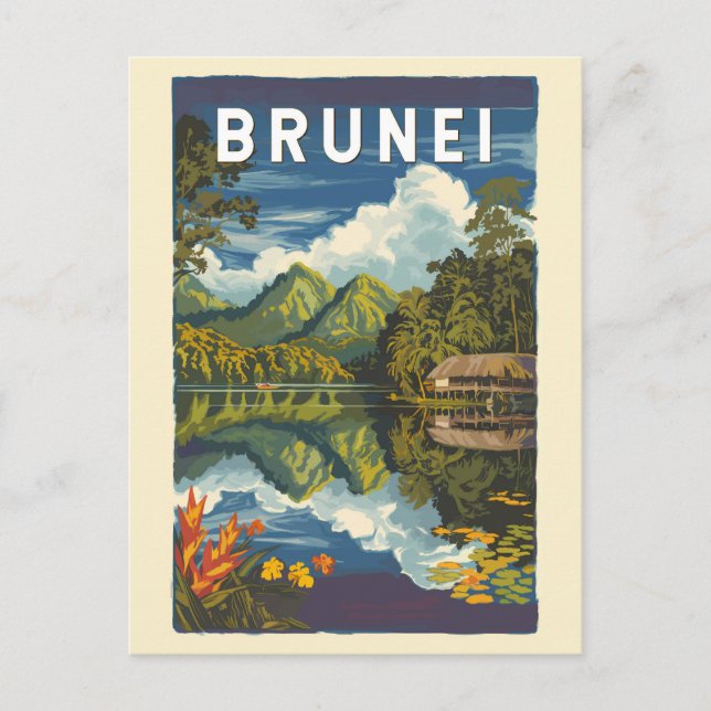 Carte Postale Brunei Illustration peinte Voyage Art Vintage (Devant)