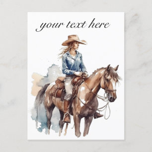 Carte Postale brunette cowgirl à cheval en aquarelle