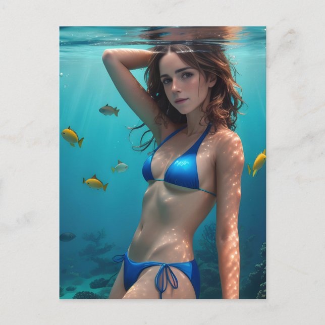 Carte Postale Brunette Femme Bikini bleu sous l'eau Photo (Devant)