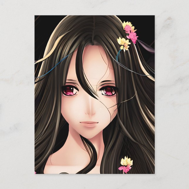 Carte Postale Brunette Rose Eyed Anime Girl Cartoon (Devant)