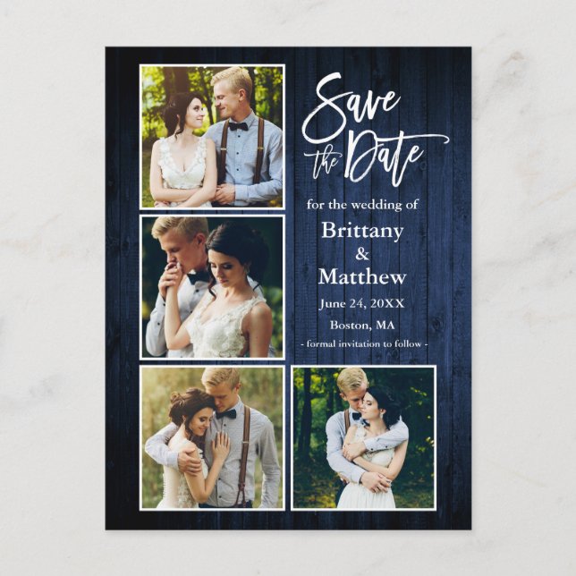 Carte Postale Brush Script Bleu Bois Save The Date 4 Photo (Devant)
