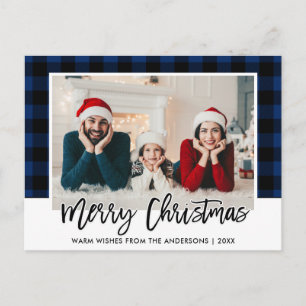 Carte Postale Brush Script Blue Plaid Family Photo de Christmas