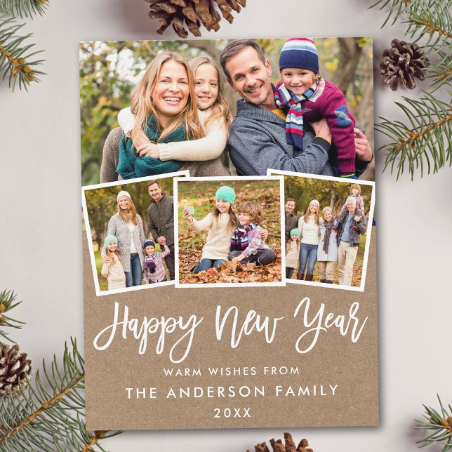 Carte Postale Brush Script Bonne année 4 Photo Kraft (Customize to change your personalized text size or text style.)