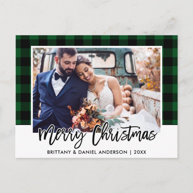 Carte Postale Brush Script Green Plaid Mariage Photo Noël (Devant)