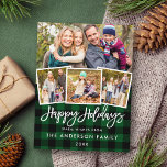 Carte Postale Brush Script Joyeux Vacances 4 Photo Vert Plaid<br><div class="desc">Brosse moderne Script Joyeuses Vacances Carte postale verte - 4 Photos</div>