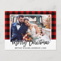 Brush Script Red Plaid Mariage Photo Noël