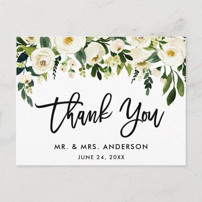 Carte Postale Brush Script vert blanc Mariage Floral Merci (Devant)