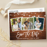 Carte Postale Brush Script Wood Lights 3 Photo Enregistrer La Da<br><div class="desc">Script de brosse moderne,  Bois rustique et lumières à cordes,  Enregistrer la date Fiançailles Couple 3 Photo Carte Postale</div>