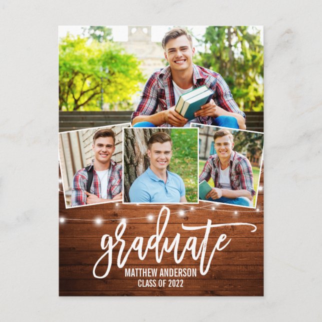 Carte Postale Brush Script Wood Lights Graduation Faire-part (Devant)