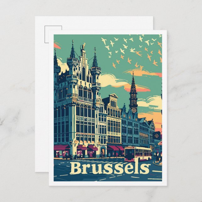 Carte Postale Bruxelles Belgique Illustration Vintage voyage (Devant / Derrière)