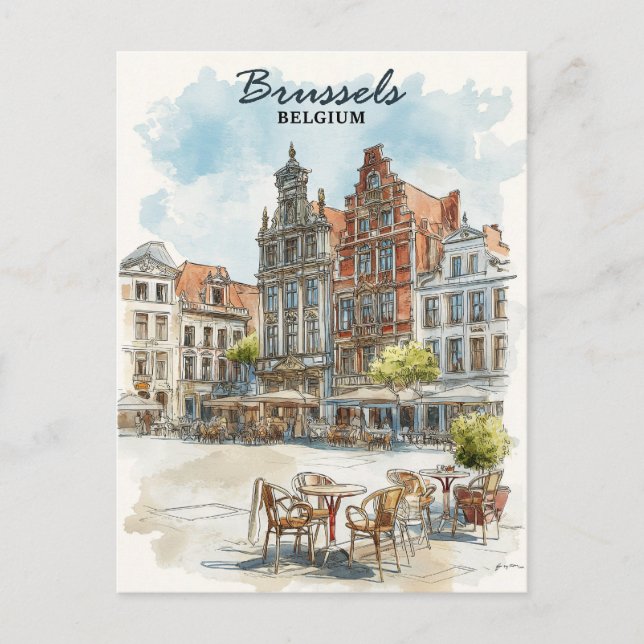 Carte Postale Bruxelles Belgique – Paysage urbain à l'aquarelle  (Devant)