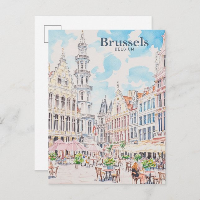 Carte Postale Bruxelles Belgique Peinture Gouache Illustration V (Devant / Derrière)
