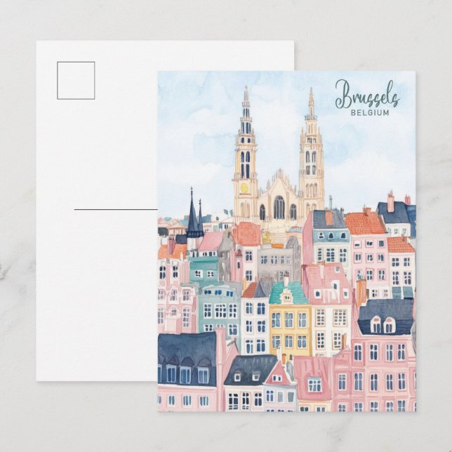 Carte Postale Bruxelles Belgique Peinture Gouache Illustration V (Devant / Derrière)