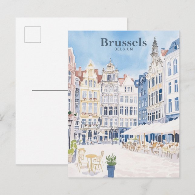 Carte Postale Bruxelles Belgique Peinture Gouache Illustration V (Devant / Derrière)