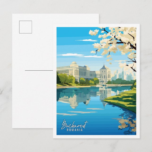 Carte Postale Bucarest Roumanie Art illustration de voyage vinta (Devant / Derrière)