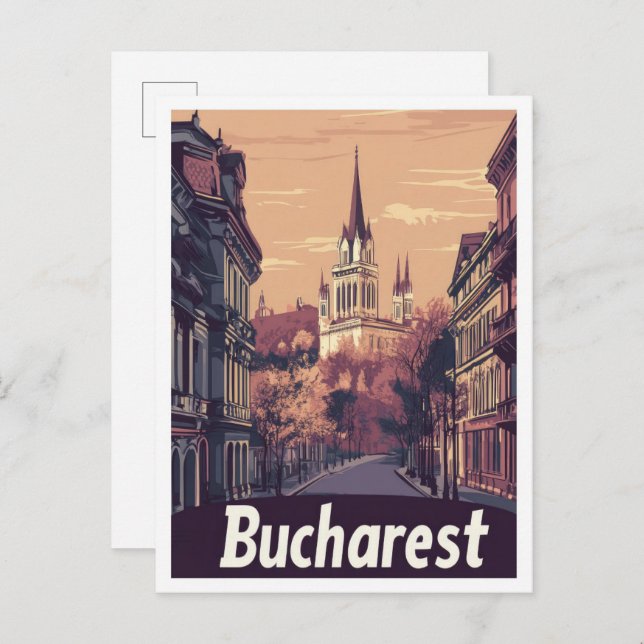 Carte Postale Bucarest Roumanie Vintage voyage d'art Illustratio (Devant / Derrière)