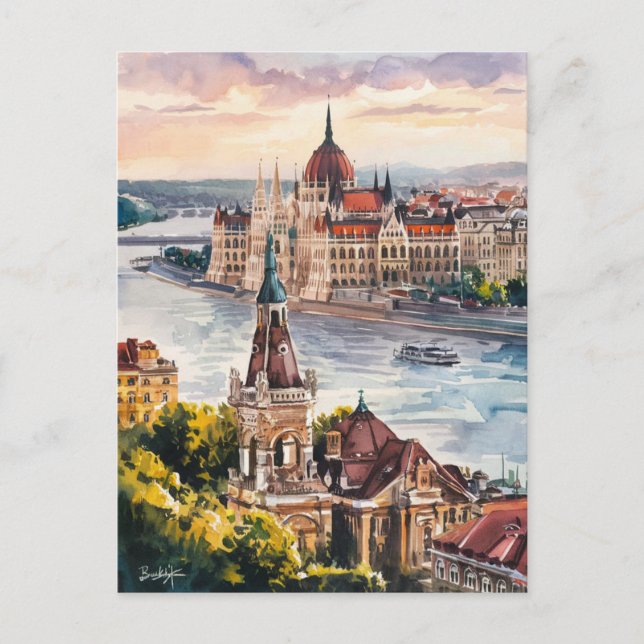 Carte Postale Budapest Hongrie peinture Vintage aquarelle (Devant)