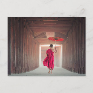 Carte Postale Buddhist Monk with Red Umbrella